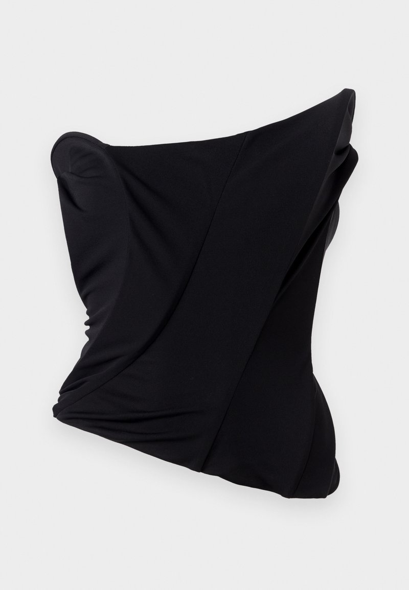 Schwarzes Stoffkissen mit einem verdrehten Design, das eine glatte Textur und abgerundete Kanten aufweist, wodurch eine skulpturale Form entsteht.