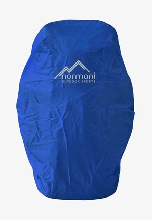 Blue waterproof backpack cover with a smooth texture, featuring the "normani outdoor sports" logo and a mountain graphic design.
