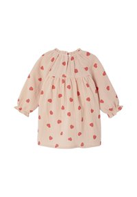 Hellrosa Kleid mit rotem Herzmuster, langen Ärmeln und rundem Ausschnitt. Verfügt über gerafften Stoff und einen Knopfverschluss auf der Rückseite.