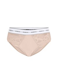 Beige Damenunterwäsche mit einem seitlichen Spitzenpanel und einem weißen elastischen Bund mit "GUESS"-Markenlogo. Weicher Stoff und glatte Textur.