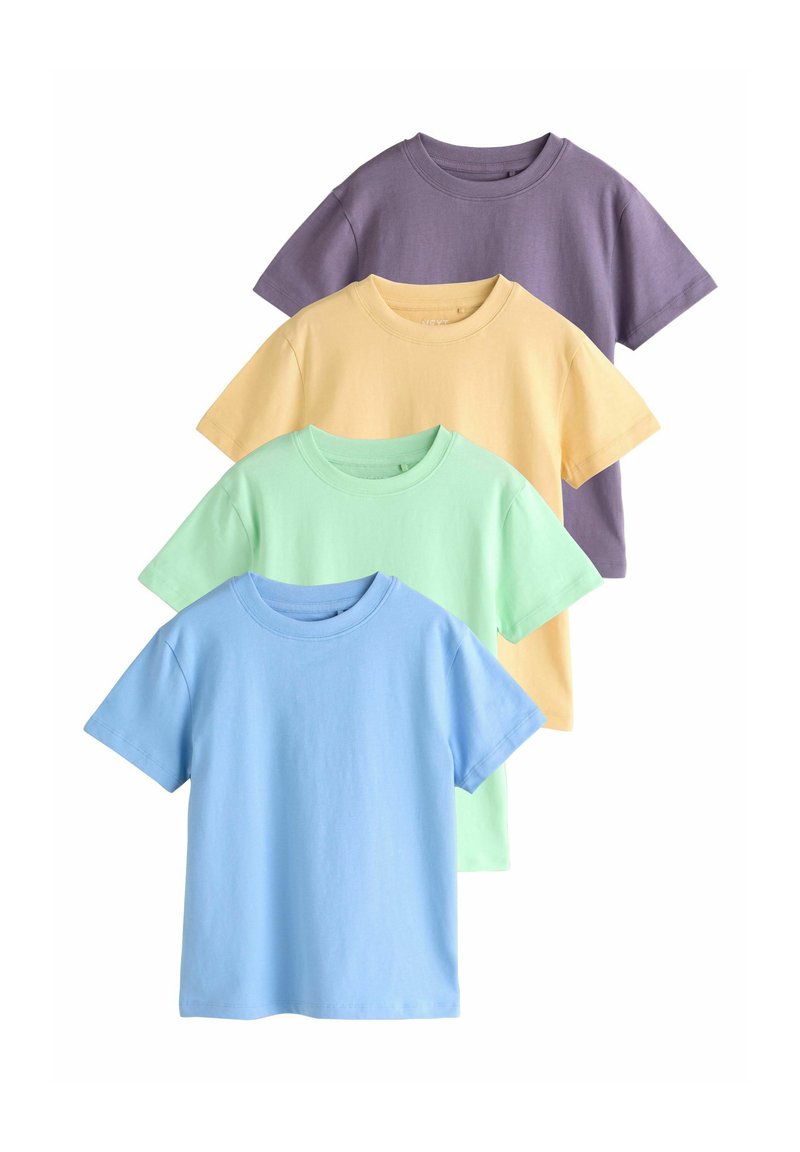 Vier kurzärmlige T-Shirts, vertikal angeordnet. Farben: Lavendel, Gelb, Minzgrün und Himmelblau. Aus glattem Baumwollstoff gefertigt.