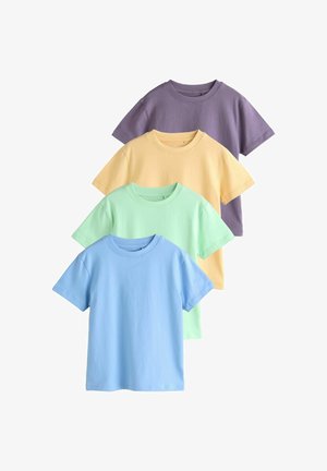 Fire t-shirts med korte ærmer arrangeret lodret. Farver: lavendel, gul, mintgrøn og himmelblå. Fremstillet af blødt bomuldsstof.