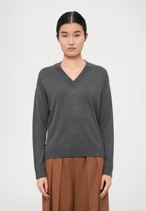 Suéter gris de cuello en V con mangas largas, fabricado en un tejido suave. Puños y dobladillo acanalados, combinado con pantalones marrones plisados. Diseño sencillo y moderno.