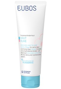 EUBOS cleansing gel tube for children, white with light blue and pink accents. Contains Aloe Vera, designed for sensitive skin and hair.