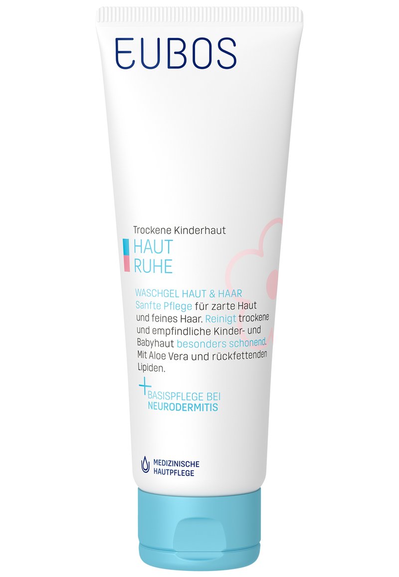 EUBOS cleansing gel tube for children, white with light blue and pink accents. Contains Aloe Vera, designed for sensitive skin and hair.