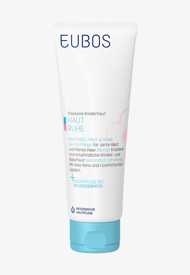 EUBOS cleansing gel tube for children, white with light blue and pink accents. Contains Aloe Vera, designed for sensitive skin and hair.