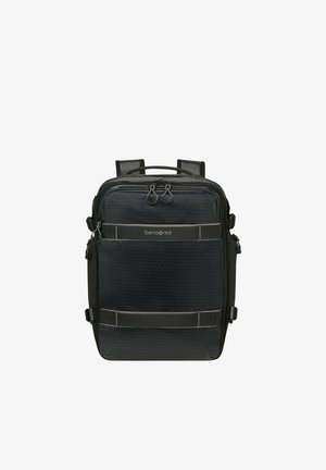 Zaino rettangolare nero Samsonite con scomparti frontali con zip, spallacci imbottiti e maniglia superiore su sfondo bianco.