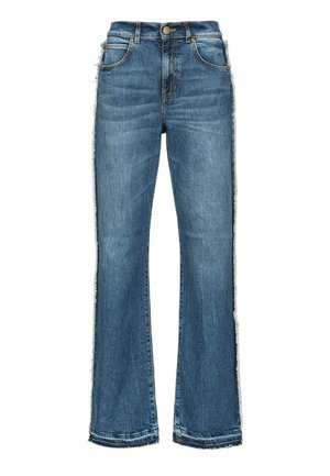 Jeans in denim azzurro chiaro con taglio a gamba larga e cuciture laterali sfilacciate. Presentano cinque tasche e una chiusura con bottone. Design classico di jeans.