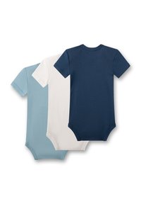 Drei Kurzarm-Bodysuits, die in einem Stapel angeordnet sind. Farben: Hellblau, Weiß und Dunkelmarine. Aus weichem Baumwollmaterial mit einer glatten Textur.