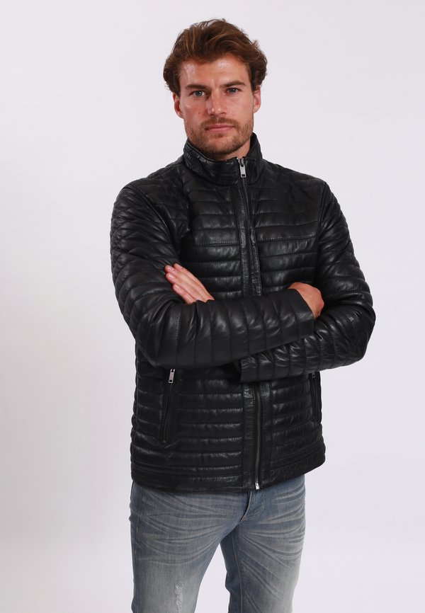LEATHER JACKET WITH ROUND COLLAR - 2 ZIPPED SIDE POCKETS O - Lederjacke