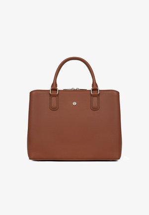 Bruine leren tote bag met een gestructureerd oppervlak, dubbele handvaten, zilverkleurige hardware, en een ritssluiting. Rechthoekige vorm met een minimalistisch ontwerp.