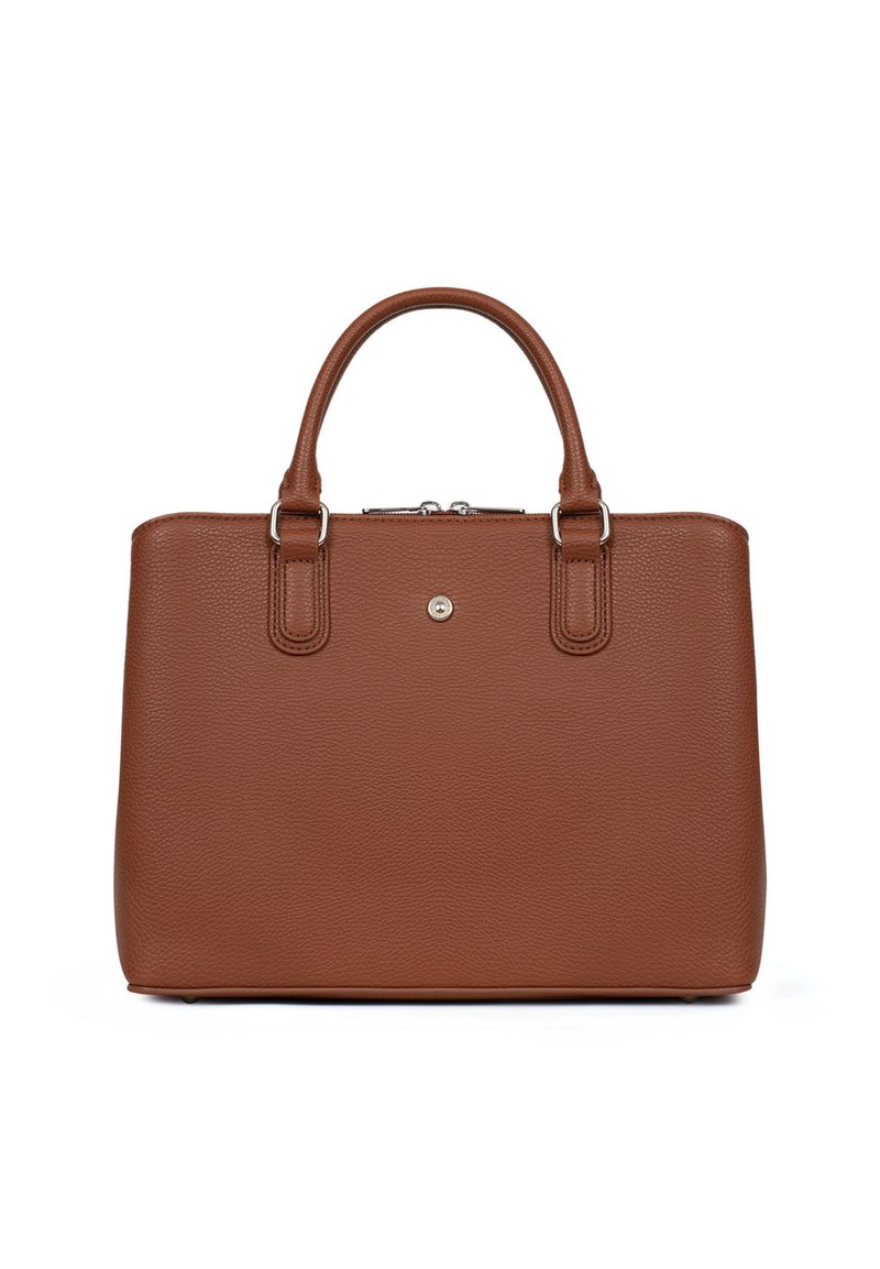 Borsa tote in pelle marrone con superficie texturizzata, doppi manici, accessori in argento e chiusura con zip. Forma rettangolare con design minimalista.