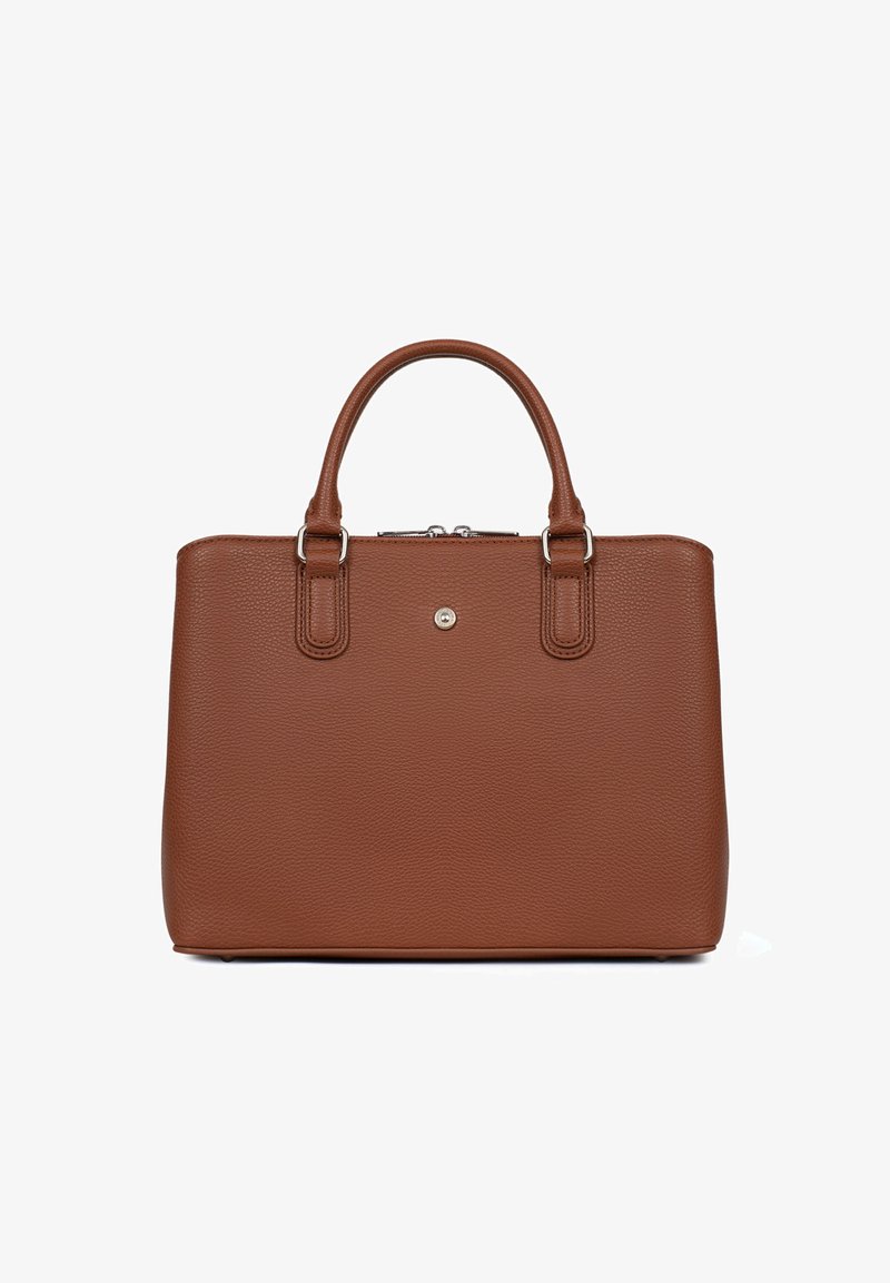 Borsa tote in pelle marrone con superficie texturizzata, doppi manici, accessori in argento e chiusura con zip. Forma rettangolare con design minimalista.