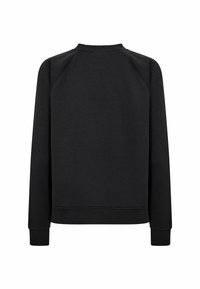 Fekete hosszú ujjú pulóver bordázott mandzsettákkal, szegéllyel és kerek nyakkivágással, hátulról fehér háttéren bemutatva.