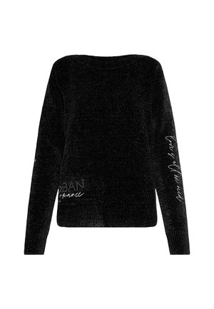 Black long-sleeve sweater with ribbed cuffs, text "URBAN Romance" on lower front and cursive writing along right sleeve.