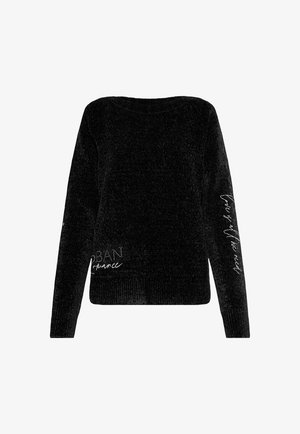 Black long-sleeve sweater with ribbed cuffs, text "URBAN Romance" on lower front and cursive writing along right sleeve.