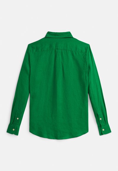 Zaļš lina garām piedurknēm krekls ar smailu apkakli, pogām aiztaisāmas aprocēm un aizmugurējo krokas detaļu ērtai kustībai.