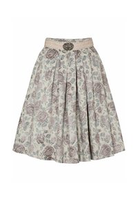 Blumiger Rock in hellem Creme mit Rosen- und grünen Mustern, mit Plisseedesign, featuring einem breiten Taillenbund, der mit einem silbernen Broschenakzent verziert ist.