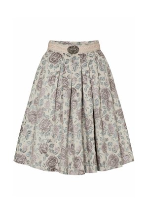 Floral skirt in light cream with rose and green patterns, pleated design, featuring a wide waistband adorned with a silver brooch accent.