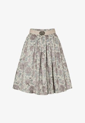Floral skirt in light cream with rose and green patterns, pleated design, featuring a wide waistband adorned with a silver brooch accent.
