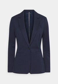 Námorně modrý blazer s jedním knoflíkem, klopami, dvěma předními kapsami a hladkou texturou. Má podrobné vnitřní podšívání.
