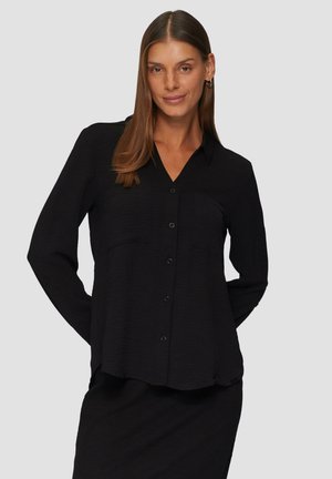 Black long-sleeve shirt with a button-up front, two chest pockets, soft textured fabric, and a V-neck collar.