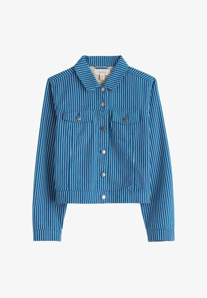 Blue cropped denim jacket with white vertical stripes, silver button front closure, chest flap pockets, and long sleeves with cuffs.