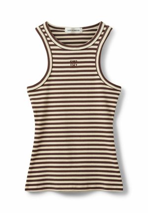 Ärmelloses, geripptes Tanktop mit braunen und cremefarbenen horizontalen Streifen und kleinem, eingesticktem Logo auf der Brust, rundem Ausschnitt.