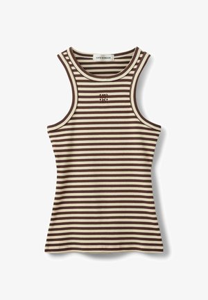 Ärmelloses, geripptes Tanktop mit braunen und cremefarbenen horizontalen Streifen und kleinem, eingesticktem Logo auf der Brust, rundem Ausschnitt.