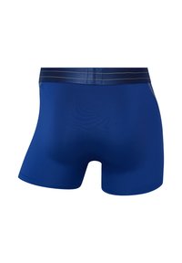 Blue athletic shorts with a smooth texture, featuring a narrow navy waistband with silver stripes and no visible pockets.