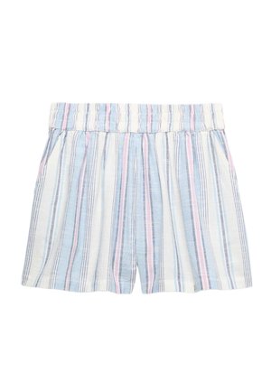 Pantalones cortos ligeros con rayas verticales en azul, blanco, rosa y gris y una cintura elástica.