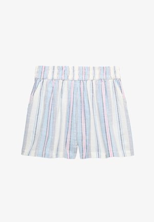 Lekki szorty z pionowymi niebieskimi, białymi, różowymi i szarymi paskami oraz elastycznym pasem.