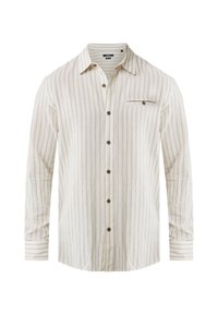 Lichtgekleurde gestreepte lange mouwen shirt van een zachte stof, met een borstzak en bruine knopen langs de sluiting.