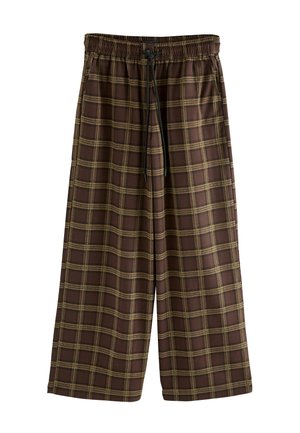 Bruine geruite shorts met een losse pasvorm, voorzien van een elastische tailleband met trekkoord, gemaakt van lichtgewicht stof.
