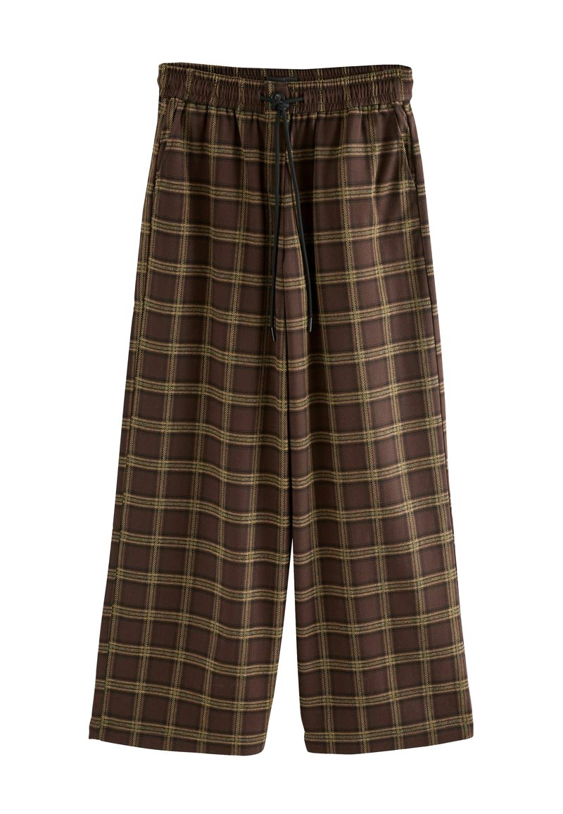 Bruine geruite shorts met een losse pasvorm, voorzien van een elastische tailleband met trekkoord, gemaakt van lichtgewicht stof.