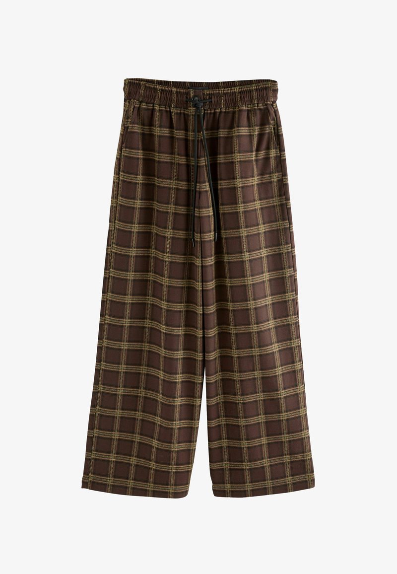 Braune karierte Shorts mit lockerer Passform, ausgestattet mit einem elastischen Bündchen und Kordelzug, aus leichtem Stoff gefertigt.