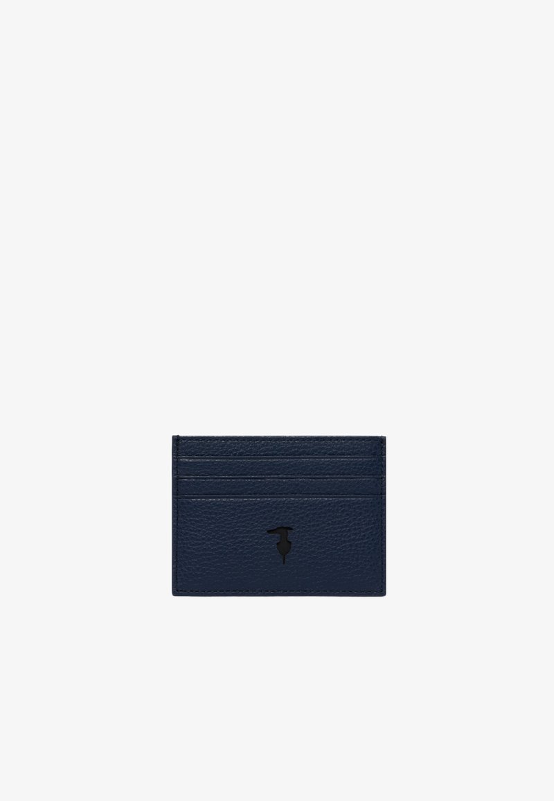 Portafoglio in pelle blu navy con tre slot per carte e un piccolo logo silhouette nero al centro in basso.