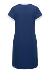 Vestido azul marino con mangas cortas y cuello blanco. Hecho de una tela suave, tiene una forma recta y una pequeña etiqueta de logo en la parte inferior.