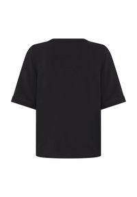Blouse noire à manches courtes avec un ourlet droit et un détail subtil au col, vue de dos sur un fond blanc.