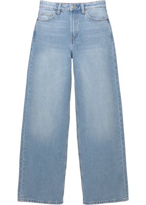 Jean large bleu clair fabriqué en denim. Doté d'une taille haute, de poches avant et d'une fermeture à boutons. Texture lisse avec un léger délavage.