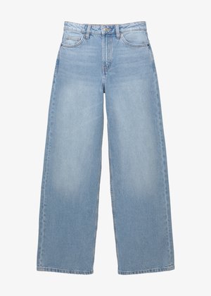 Jeans a gamba larga di colore blu chiaro, realizzati in denim. Presentano un alto punto vita, tasche anteriori e una chiusura con bottone. Texture liscia con leggere sfumature.