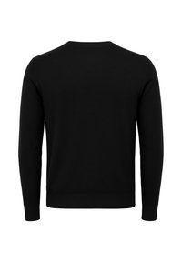 Maglione nero a collo tondo con maniche lunghe. Tessuto liscio, orlo e polsini a costine, senza motivi o decorazioni visibili.