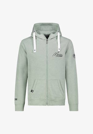 Hellgrüner Hoodie mit durchgehendem Reißverschluss, Kapuze mit Kordelzug, besticktem Logo auf der Brust und seitlichen Taschen. Mit gerippten Bündchen an Ärmeln und Saum.
