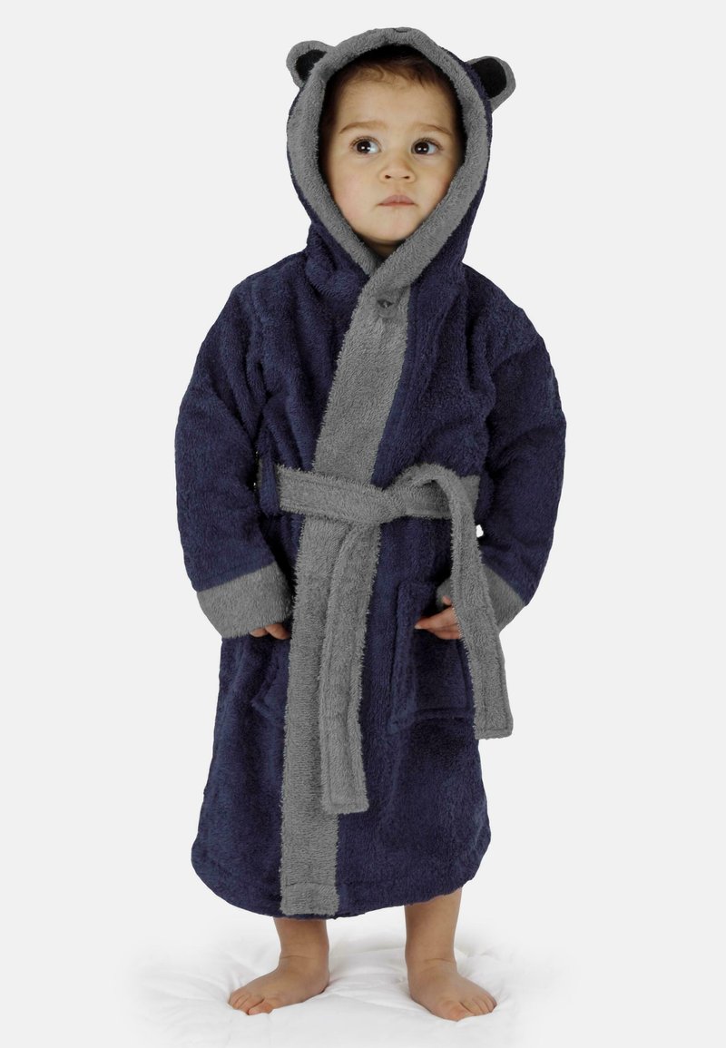 Navy- und grauer Kapuzenbademantel mit Bärenohren, weicher Textur, zwei Fronttaschen und einem Bindegürtel, geeignet für Kinder.