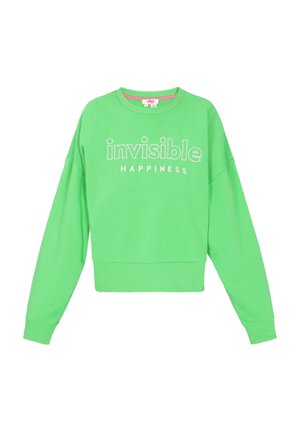Zielony krótki bluza z miękkiego materiału, z długimi rękawami i napisem "niewidzialne SZCZĘŚCIE" w białym kolorze na piersi.