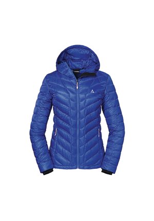 Blue padded jacket with a hood, featuring a zip closure and chevron pattern. Includes two side pockets and elastic cuffs.