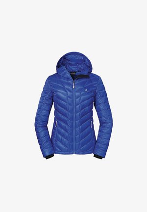 Blue padded jacket with a hood, featuring a zip closure and chevron pattern. Includes two side pockets and elastic cuffs.