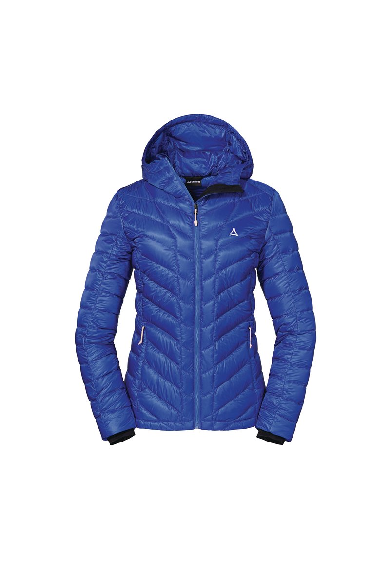 Giacca imbottita blu con cappuccio, dotata di chiusura con zip e motivo a chevron. Include due tasche laterali e polsini elastici.