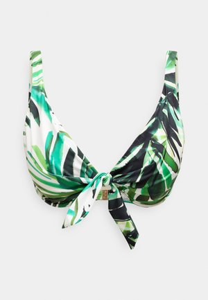 Bikinioberteil mit grün-schwarzem tropischem Blattmuster, ausgestattet mit breiten Trägern und einem Knotenverschluss vorne.