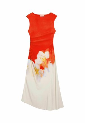 Rochie fără mâneci cu corset roșu ajustat care se continuă cu o fustă albă decorată cu imprimeu floral mare în nuanțe de portocaliu și alb.